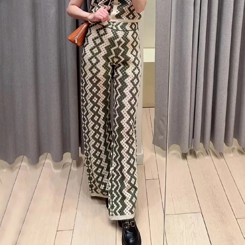 Women Hollow Handmade Crochet Plaid Suit Summer New Casual O-neck Single Breasted Tops or Straight Pants Pants