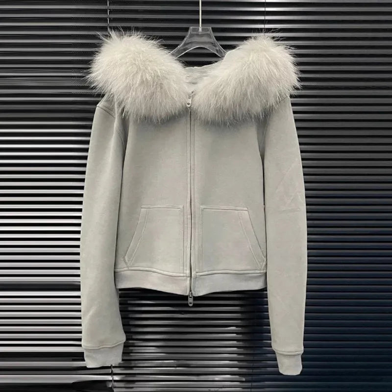 Autumn Winter New Large Fur Collar Brushed Sweatshirt for Women Fashion Detachable Design Hooded Jacket 11A07536 Gray