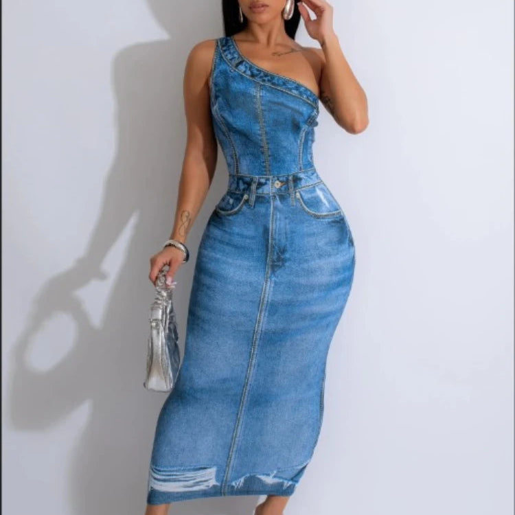 Women Fake Jean 3D Printed One Shoulder Sleeveless Bodycon Midi Maxi Dress 2024 Club Sexy Party Long Dresses Vestido Blue
