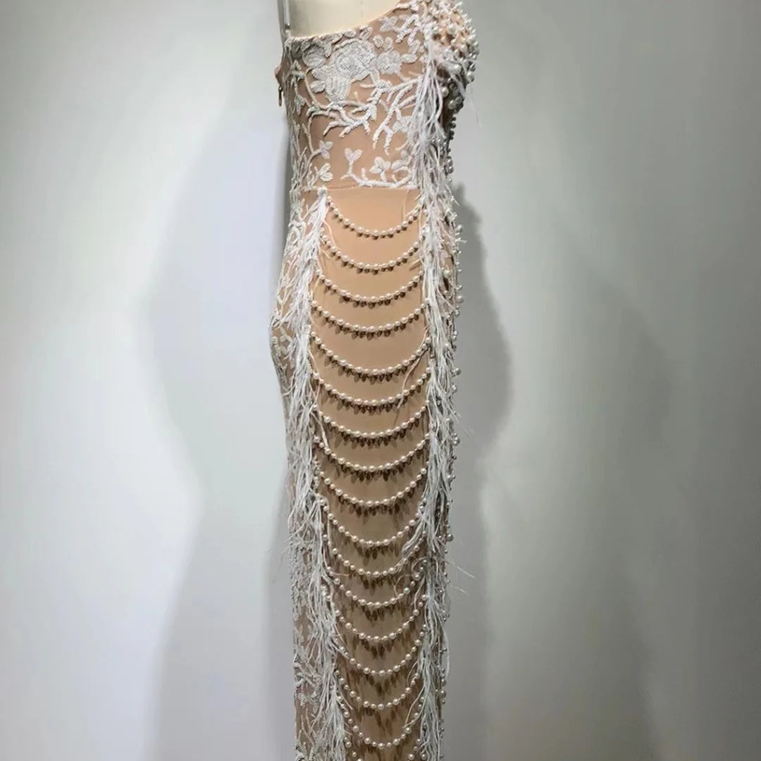 Top Handmake Luxury Women Sleeveless Sexy Feathers Pearl Beading Bodycon Long Dress Fashion Celebrate Red Carpet Dress