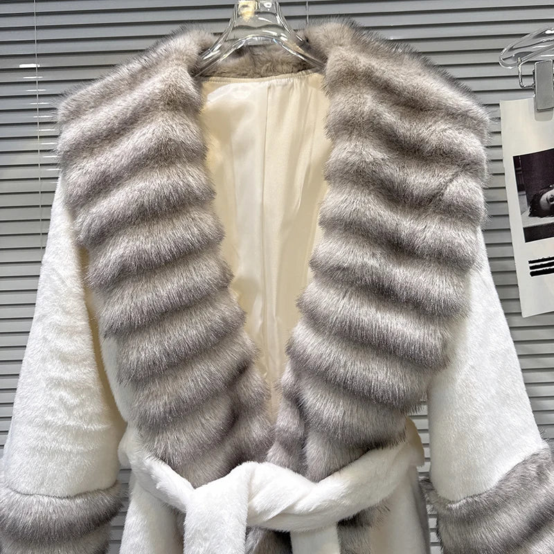 Winter New Fashion Big Fur Collar Plush Faux Fur Coat For Women Loose High-end Lace-up Waist Jacket Female 11A07741