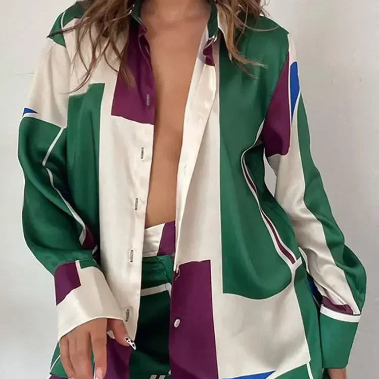 QNPQYX Fashion Printed Long Sleeve Shirt 2 Piece Set Women Loose Turndown Collar Tops Suits Female Casual Straight Pants Outfis