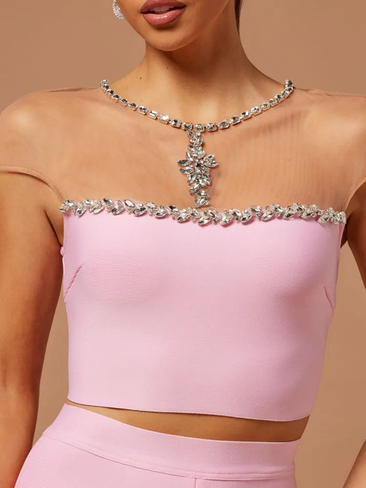 Women Luxury Sexy Mesh Crystal Beading Pink Two Piece Pants Bandage Set 2023 Celebrity Designer Fashion Women's Set