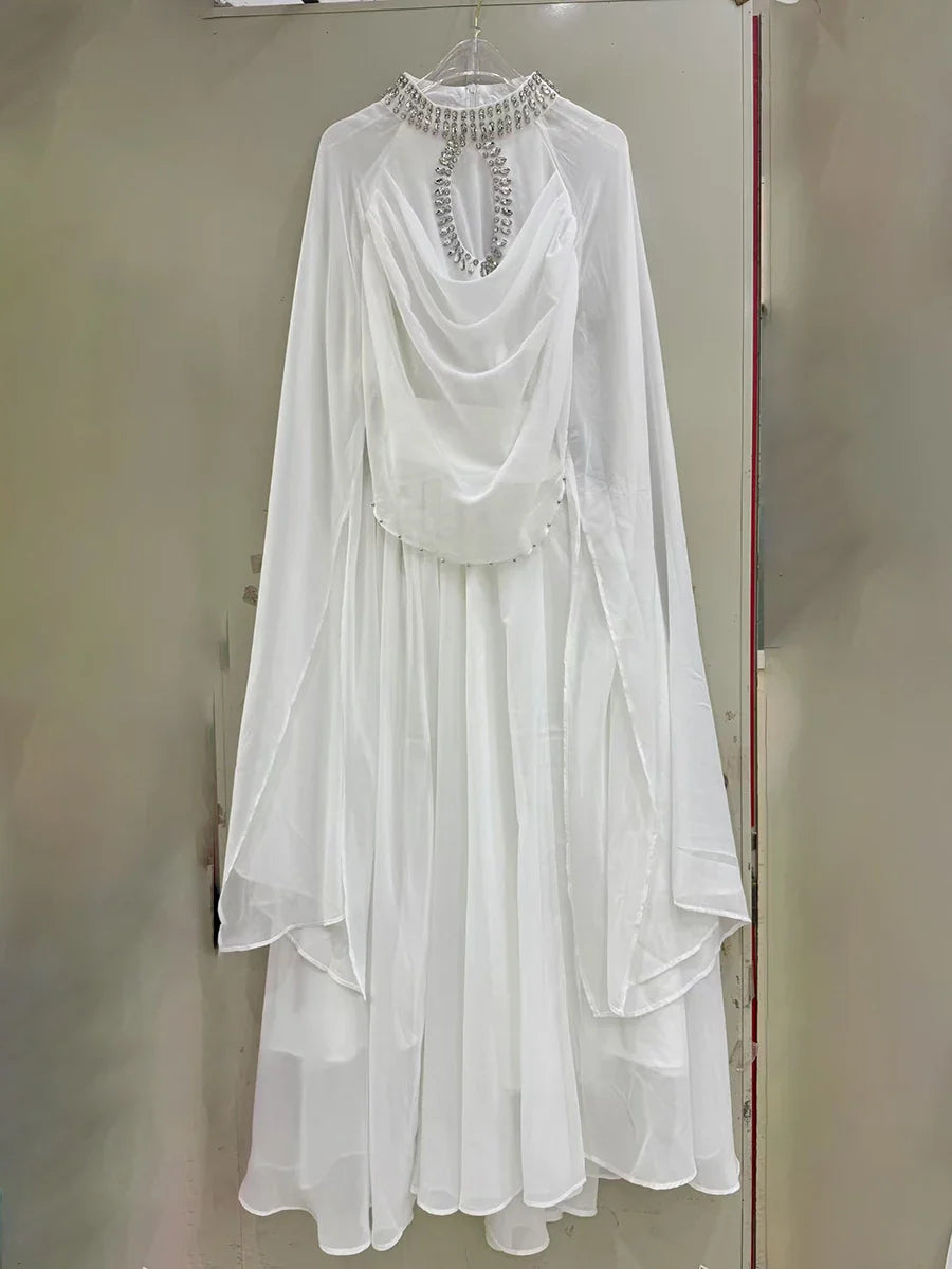 Solid Loose Sheer Spliced Bead Elegant Dresses for Women High Neck Long Sleeves Patchwork Folds Dress Female New WHITE