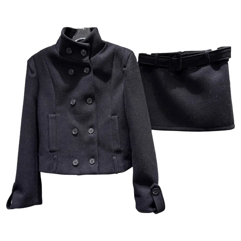 Winter New Style Elegant Double-Breasted Woolen Quilted Stand Collar Coat A-line Short Skirt Set For Women 11A07948