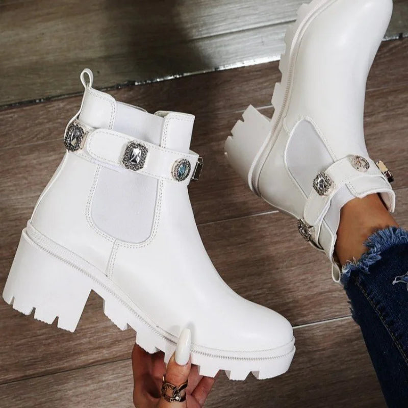 Women Ankle Boots Crystal Rhinestone Slip On Platform PU Leather Women's Booties Spring Autumn Females Footwear WHITE