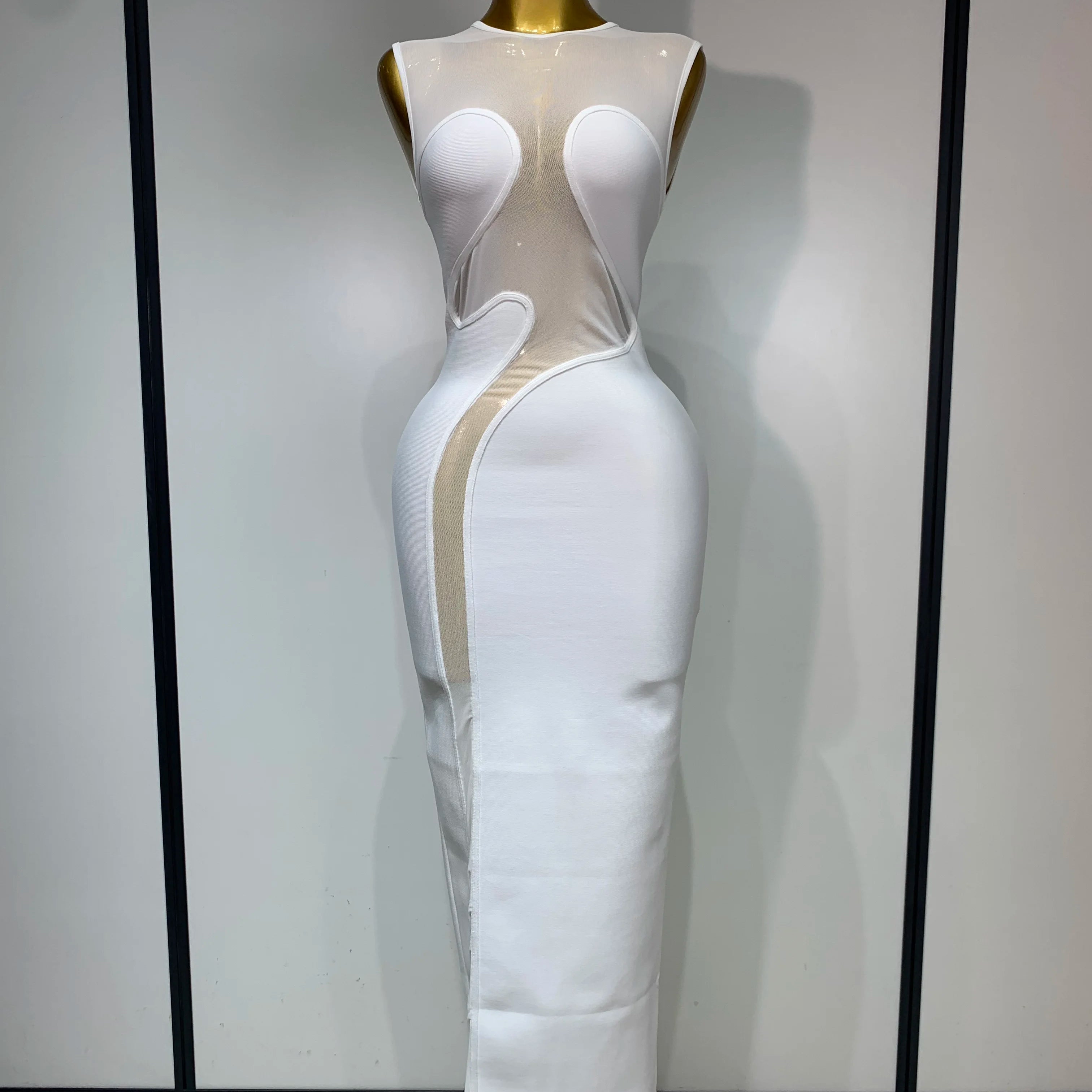 Women Sexy Mesh Patchwork Bandage Round Neck Sleeveless Bandage Dress Celebrity Elegant Evening Party Dress Club Wedding Gown WHITE