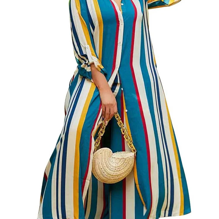 2 Piece Outfit Set Women Plus Size Matching Sets Long Shirt Top and Pants Sets Striped Casual Outfits 5xl Women Autumn Clothes Blue