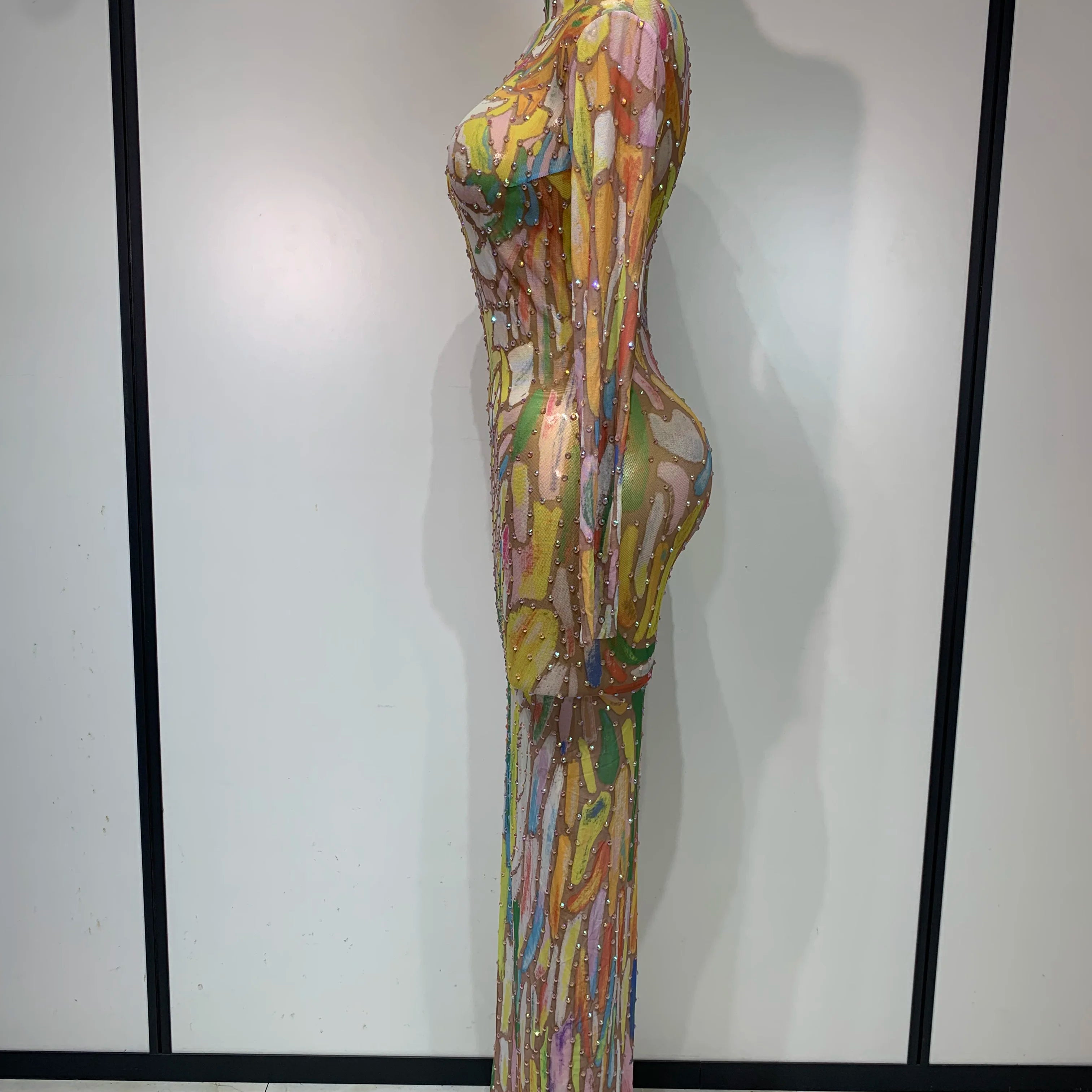 Sparkly Rhinestone Stretchy Mesh See Through Jumpsuit Women Performance Dancer Costume Rompers Party Nightclub Stage Outfit