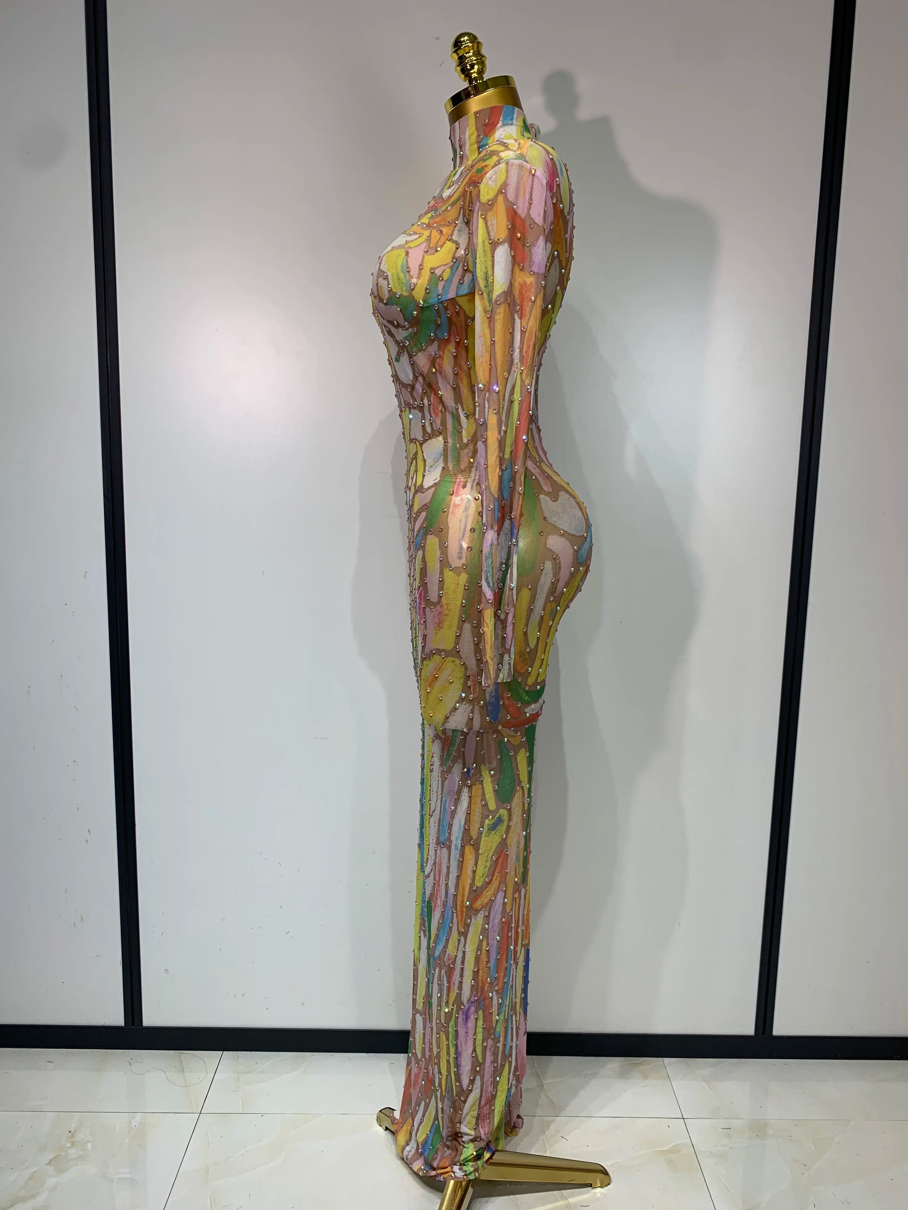 Sparkly Rhinestone Stretchy Mesh See Through Jumpsuit Women Performance Dancer Costume Rompers Party Nightclub Stage Outfit