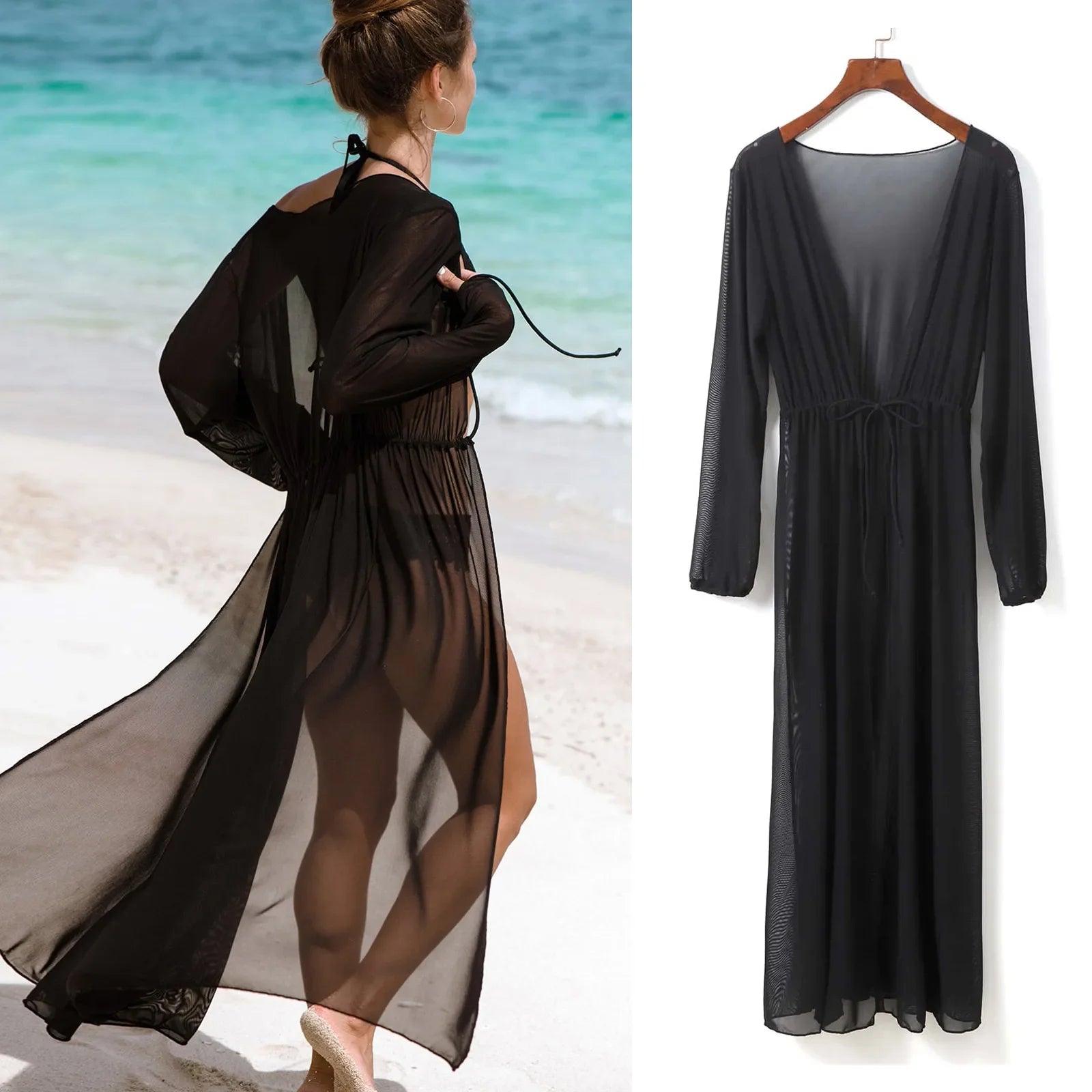 Black Mesh Beach Cover up dress Tunic Long Pareos Bikinis Cover ups Swim Cover Up Robe Plage Holiday Beachwear Swimwear Black