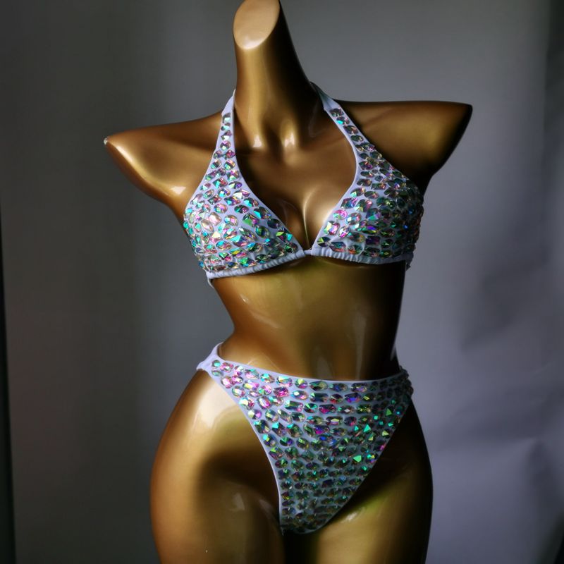 Push Up Gathered Sexy Women's Swimsuit Luxury Rhinestone Crystal Diamond Bikini High Waist Halter Straps Swimwear White