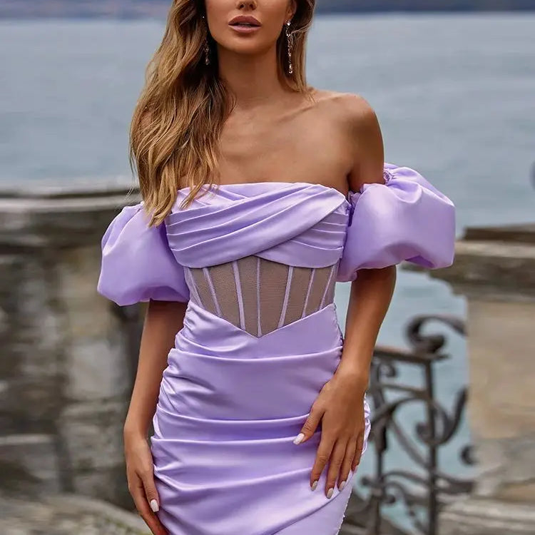 Ailigou New Summer Women's Bubble Sleeves Off Shoulder Pleated Sexy Tight Mini Dress Party Nightclub Elegant Dress Vestido