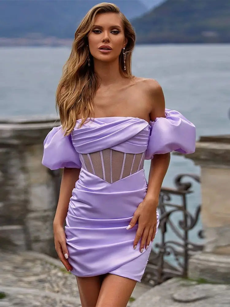 Ailigou New Summer Women's Bubble Sleeves Off Shoulder Pleated Sexy Tight Mini Dress Party Nightclub Elegant Dress Vestido