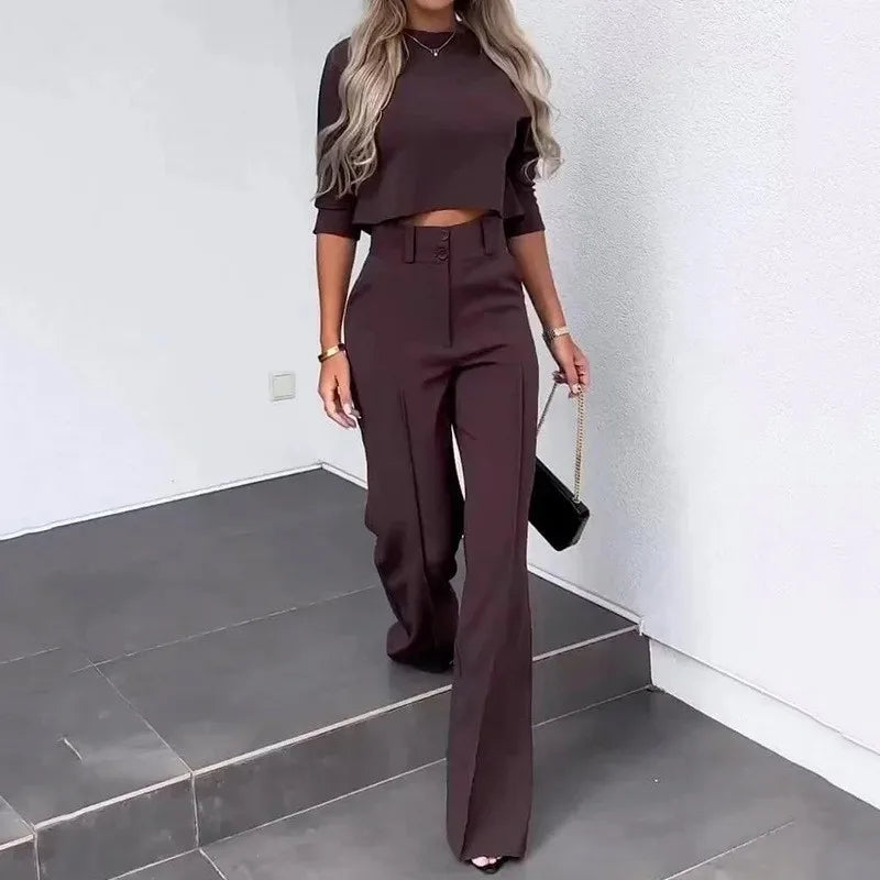 2024New Fashion Women's Elegant Small High Neck Casual Shorts Top Pocket Micro Horn Elegant Pants Set Chocolate