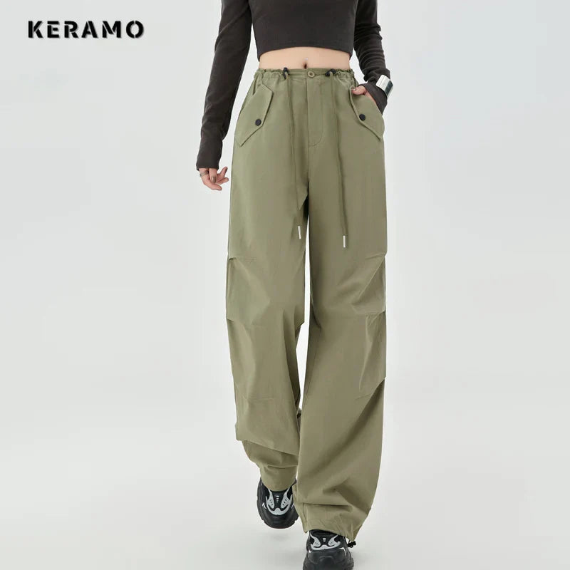 Women's High Street Casual Overalls 2000S Solid Color Loose Wide Leg Pants American Retro Punk Y2k Drawstring Cargo Pants