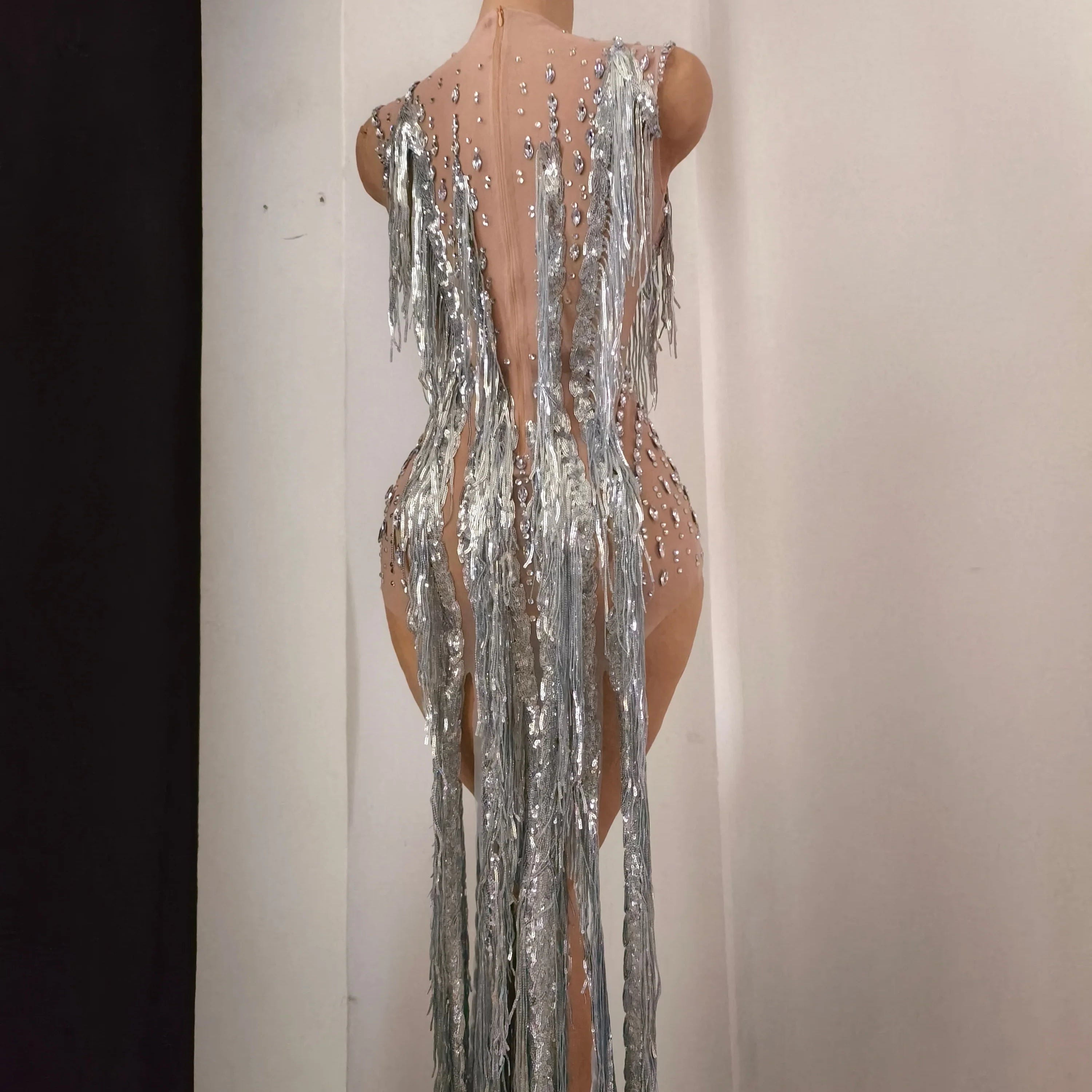 Sparkly Opulent Silver Long Tassel Sheer Mesh Crystal Rhinestone Dress Slim-fit Nightclub Party Clubwear Cocktail Outfit