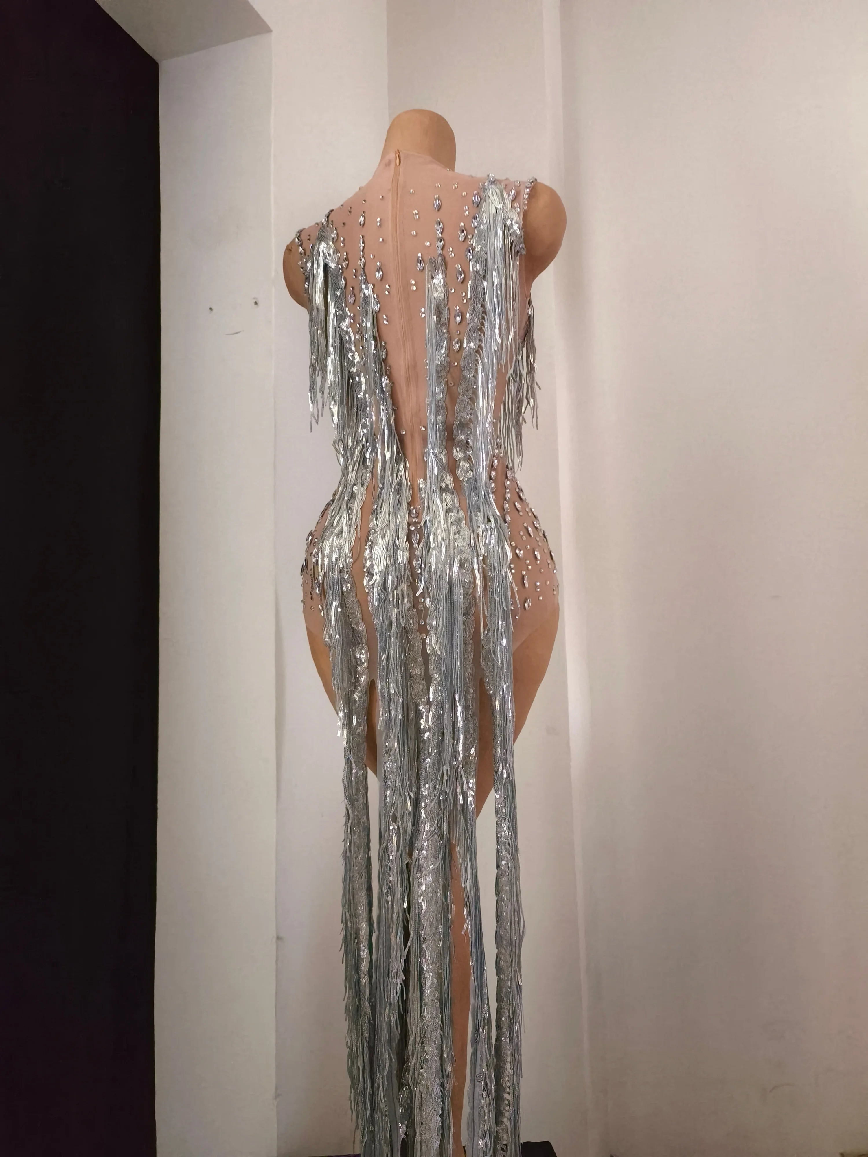 Sparkly Opulent Silver Long Tassel Sheer Mesh Crystal Rhinestone Dress Slim-fit Nightclub Party Clubwear Cocktail Outfit