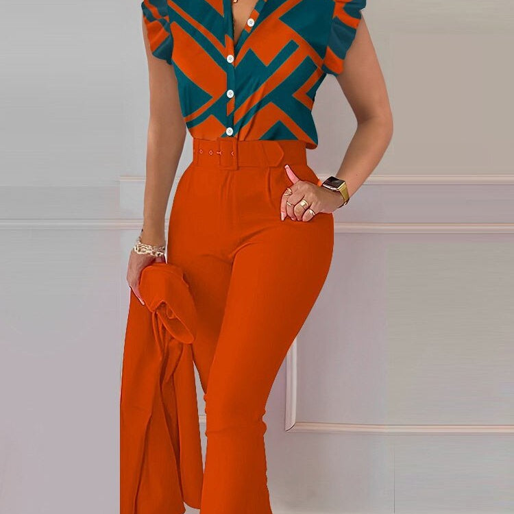 Spring Summer Women's New Printed Lotus Leaf Sleeveless Shirt Suit Slim Femal Office Solid Color Long Pants Belt Two Piece Set Auburn