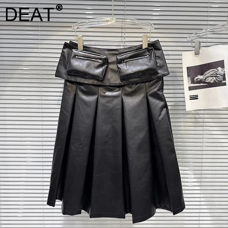 Winter New Fashion Pocket Waist Belt PU Leather Midi Skirt For Women High Street Pleated Skirts Female Trend 11A07862
