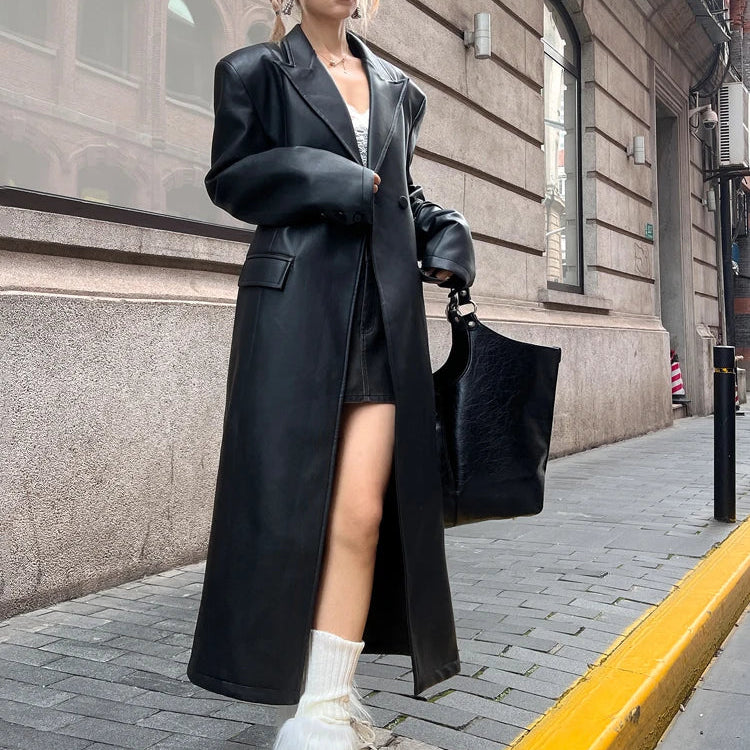 Spring Autumn Extra Long Black Loose Pu Leather Trench Coat for Women Shoulder Pads Double Breasted Faux Leather Blazer