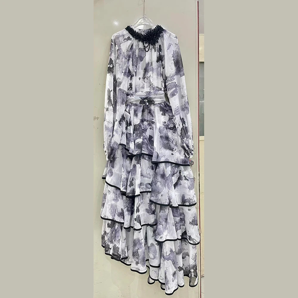 Hit Color Sheer Spliced 3D Flower Dresses for Women Round Neck Long Sleeves Patchwork Ruffles Folds Dress Female BLACK