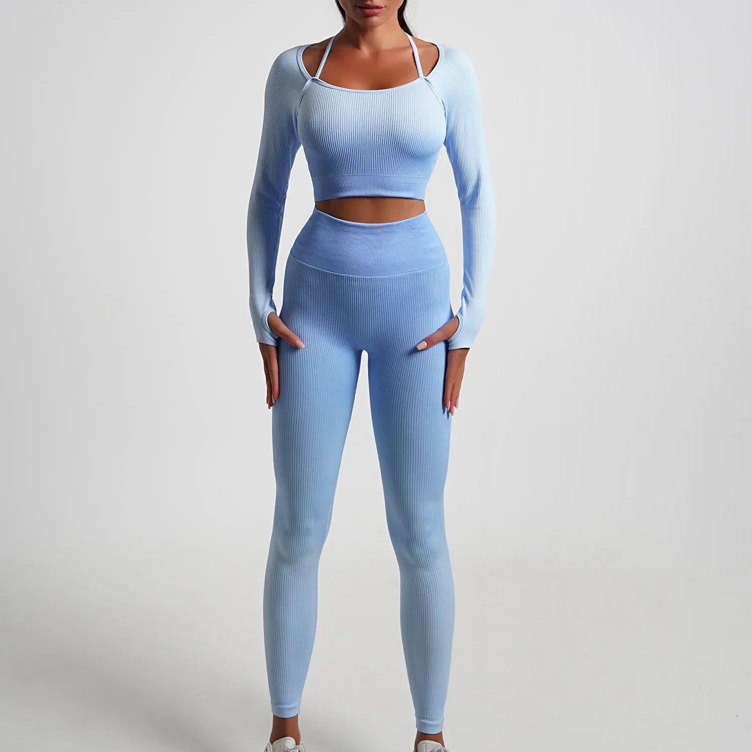 Seamless Gradient Yoga Sets Sports Fitness High Waist Hip-Lifting Pants Long-Sleeved Suits Workout Gym Leggings Sets for Women Lake Blue A