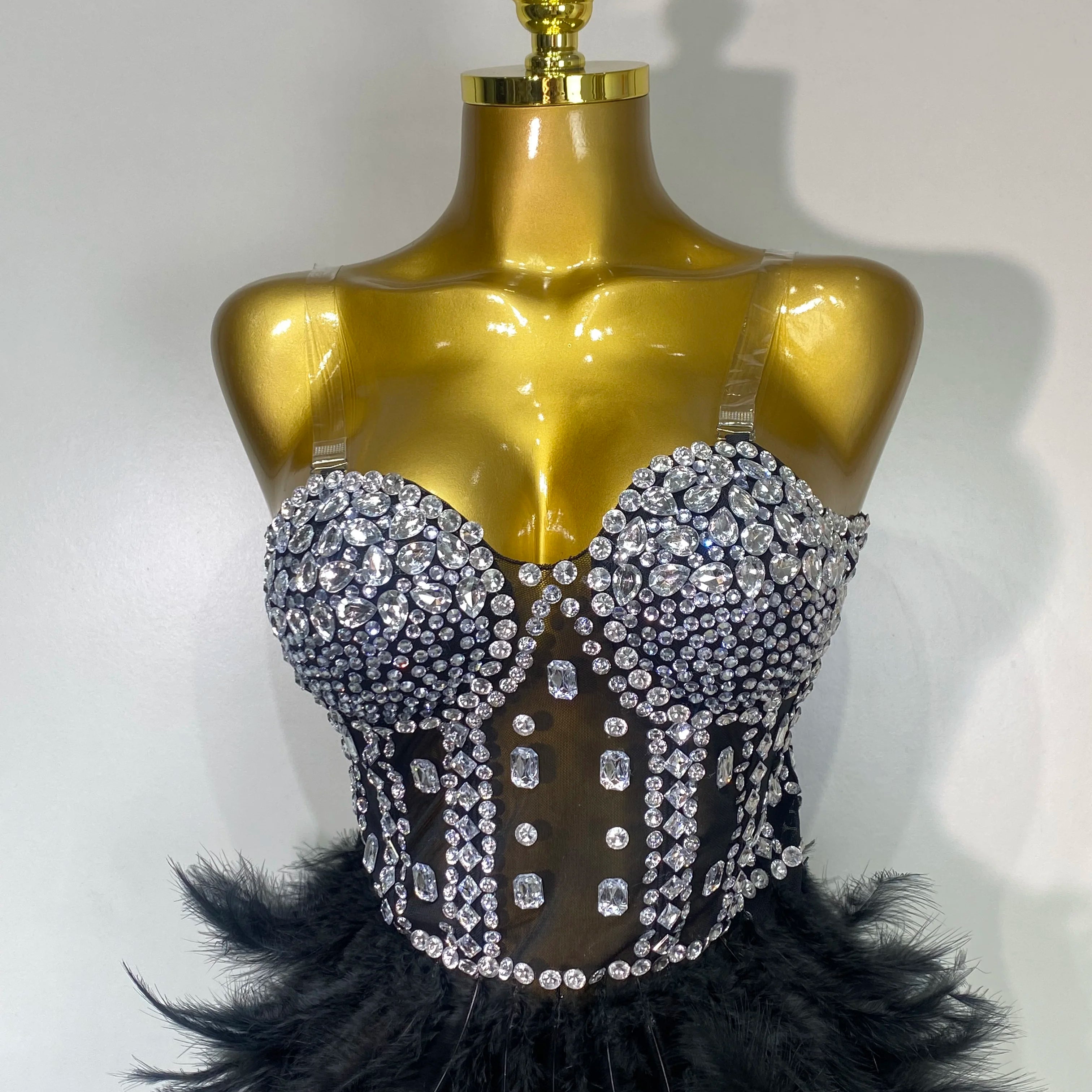 Luxury Birthday Evening Party Long Dress Women Sexy High Slit Backless Gowns Diamonds Feather Patchwork Stage Perform Costume