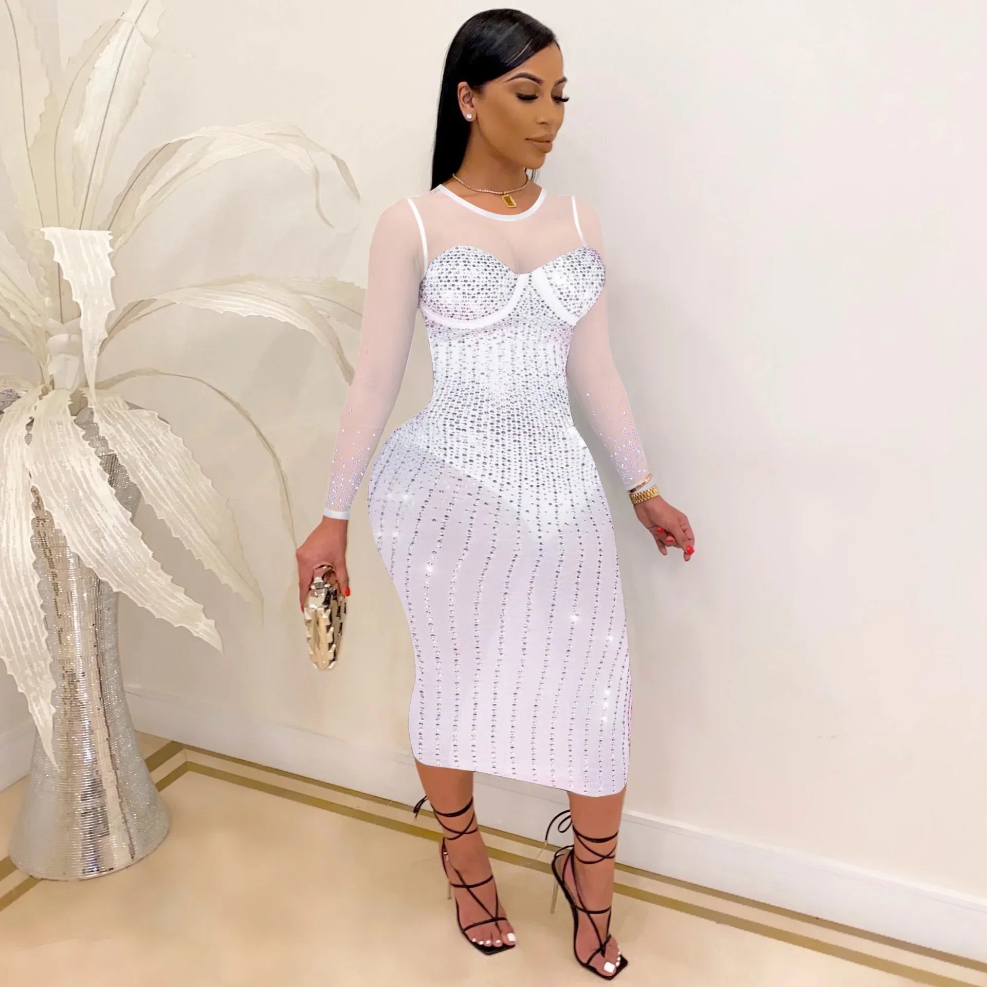 Mesh See Though Hot Rhinestones Plunging V-neck Midi Bodycon Dress Women Sexy Club Party Dresses Pencil Vestidos white full sleeve