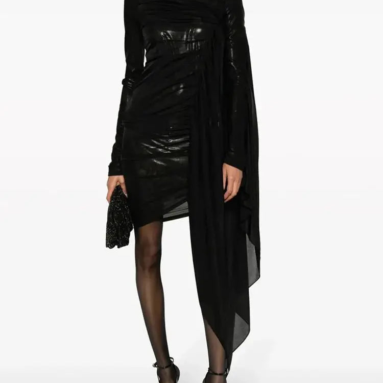 Ailigou New Women's Black Sexy Perspective Mesh Pleated Design Long sleeved Tight Mini Dress Elegant Celebrity Party Dress