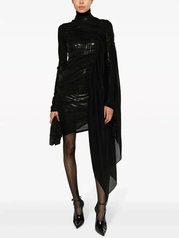 Ailigou New Women's Black Sexy Perspective Mesh Pleated Design Long sleeved Tight Mini Dress Elegant Celebrity Party Dress