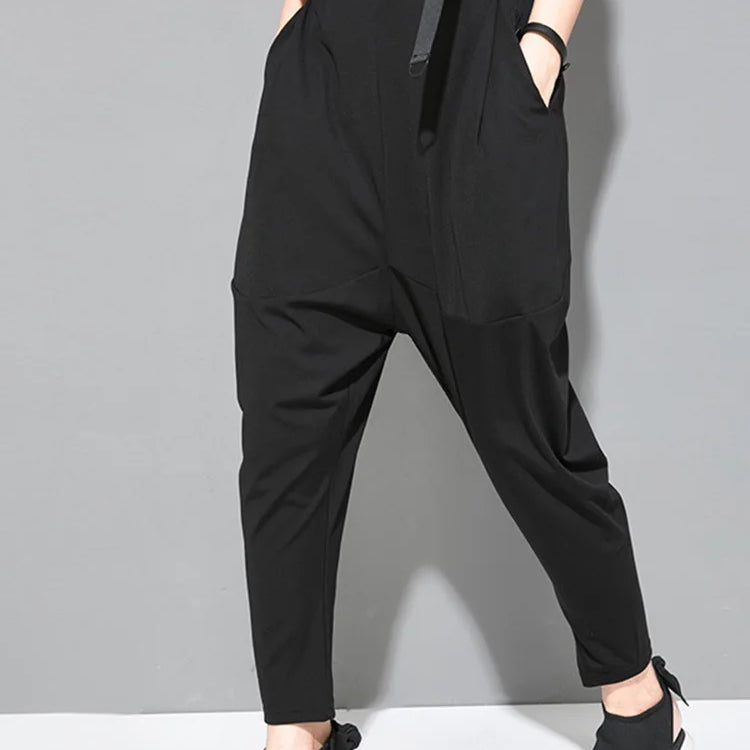[EAM] High Elastic Waist Black Pockets Thin Harem Pants New Loose Fit Trousers Women Fashion Tide Spring Summer 1DF4728 Black