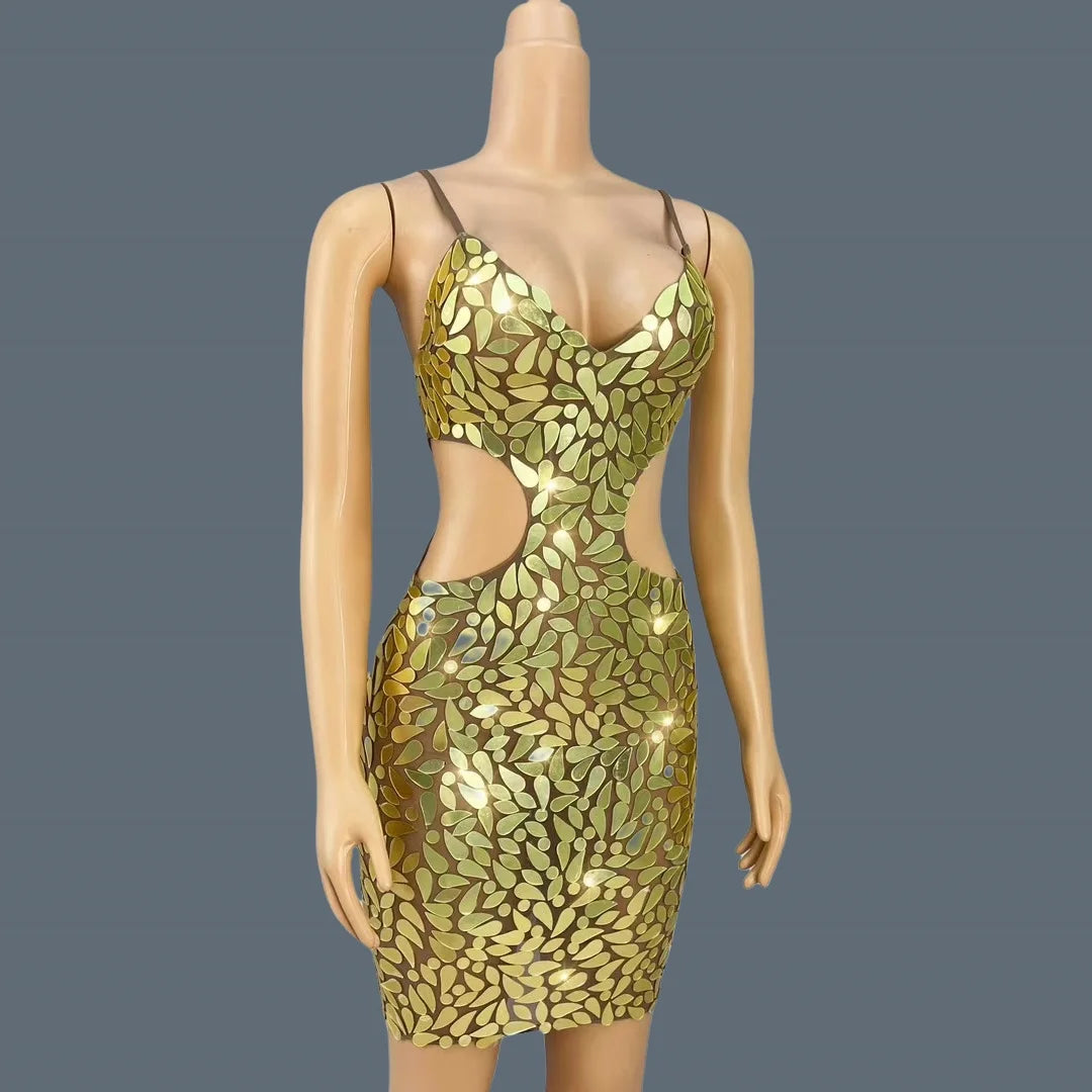 Sexy Backless Strap Deep V Mini Dress Gloden Sequins Evening Dress Birthday Party Queen Maxi Dress Club Chic Dress Huangjinban
