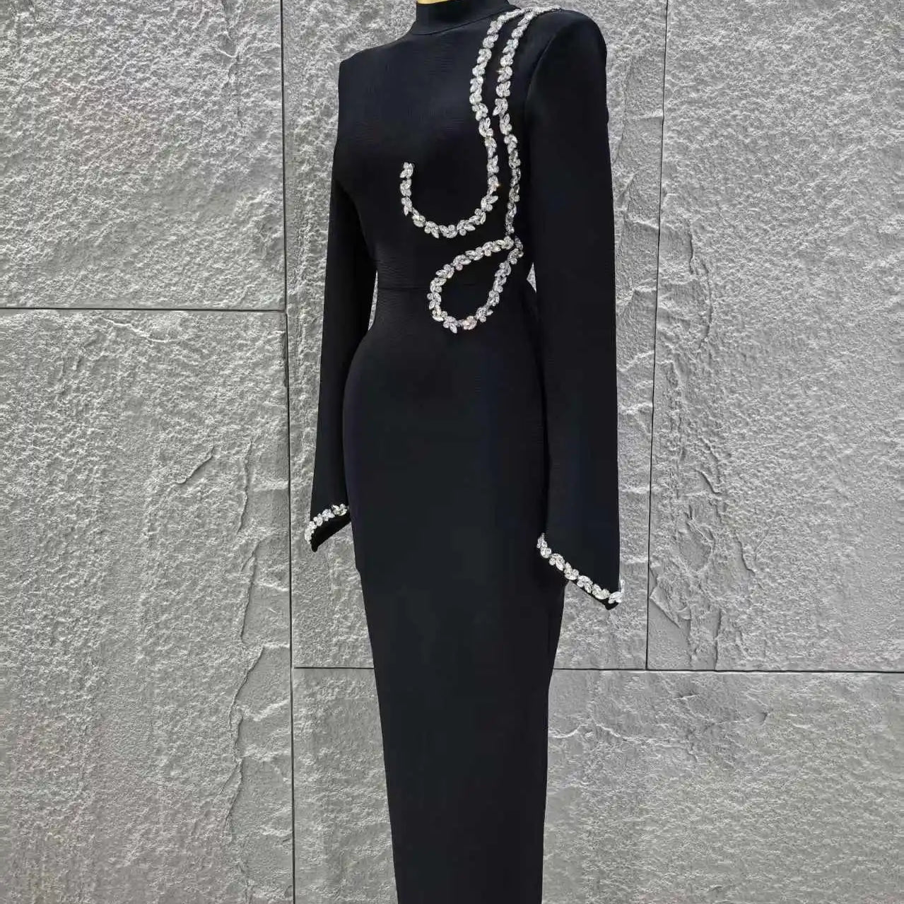 Black Red Women Long Sleeve Shinning Crystal Bodycon Long Bandage Dress Elegant Evening Party Cocktail Outfit Vestido