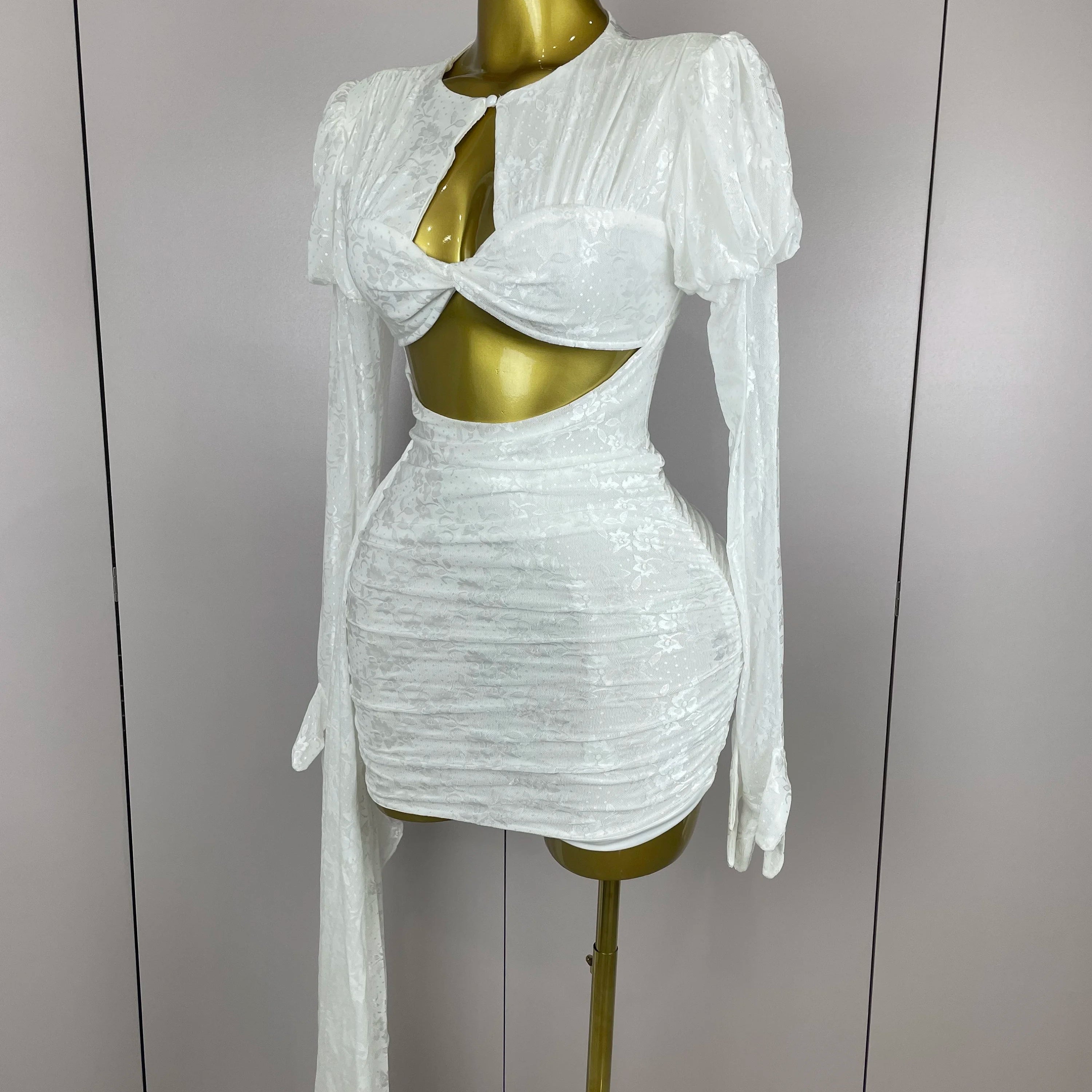 2025Women White Birthday Dress Fashion Long Sleeve O Neck Cut Out Bodycon Mini Trailing One Piece Celebrity Evening Club Dresses