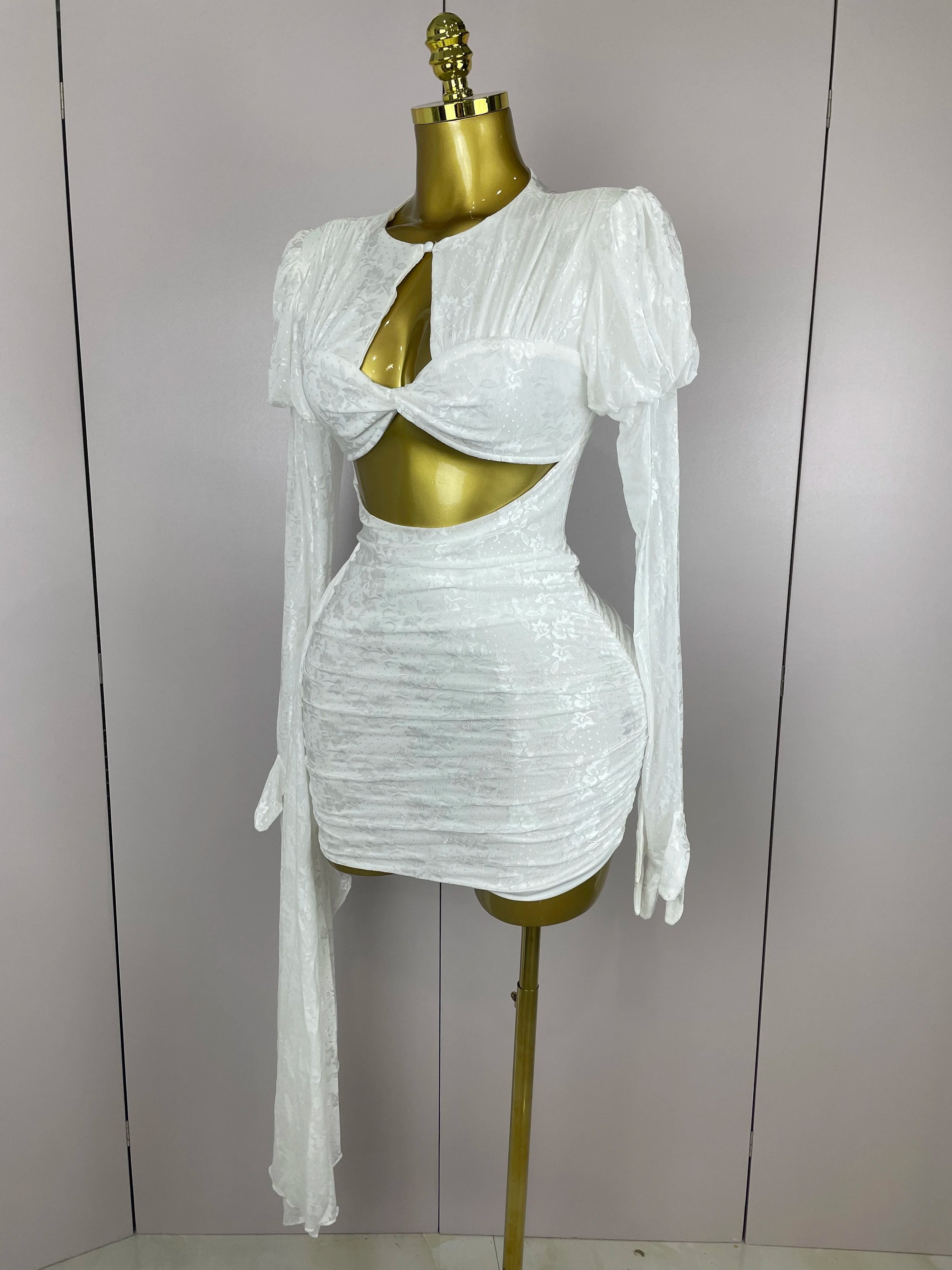 2025Women White Birthday Dress Fashion Long Sleeve O Neck Cut Out Bodycon Mini Trailing One Piece Celebrity Evening Club Dresses