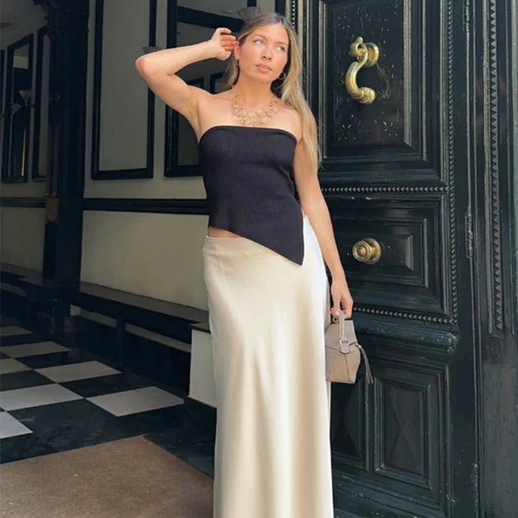 Chic Satin Maxi Skirt Female Slim High Waist Soild Black White Long Skirt Streetwear Elegant Ladies Casual Office Long Skirt