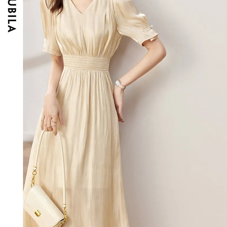 Sentubila Vintage Elegant Dresses for Women 2024 Summer Fashion V-Neck Empire Puff Sleeves A-Line Long Dresses Women Clothing apricot