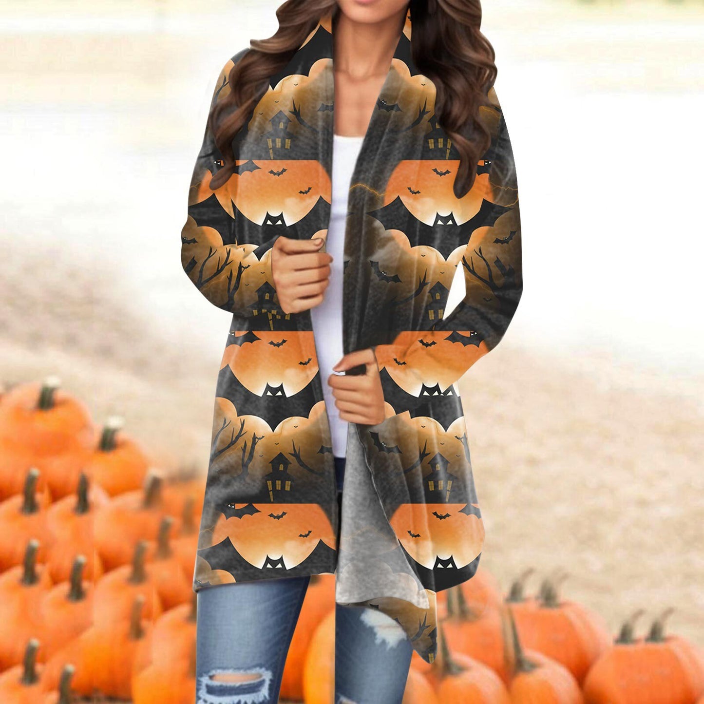 Women Halloween Cardigan Coat Fashionable Pumpkin Animal Cat Vat Printing Jacket Long Sleeve Coat Female Autumn Winter Clothes