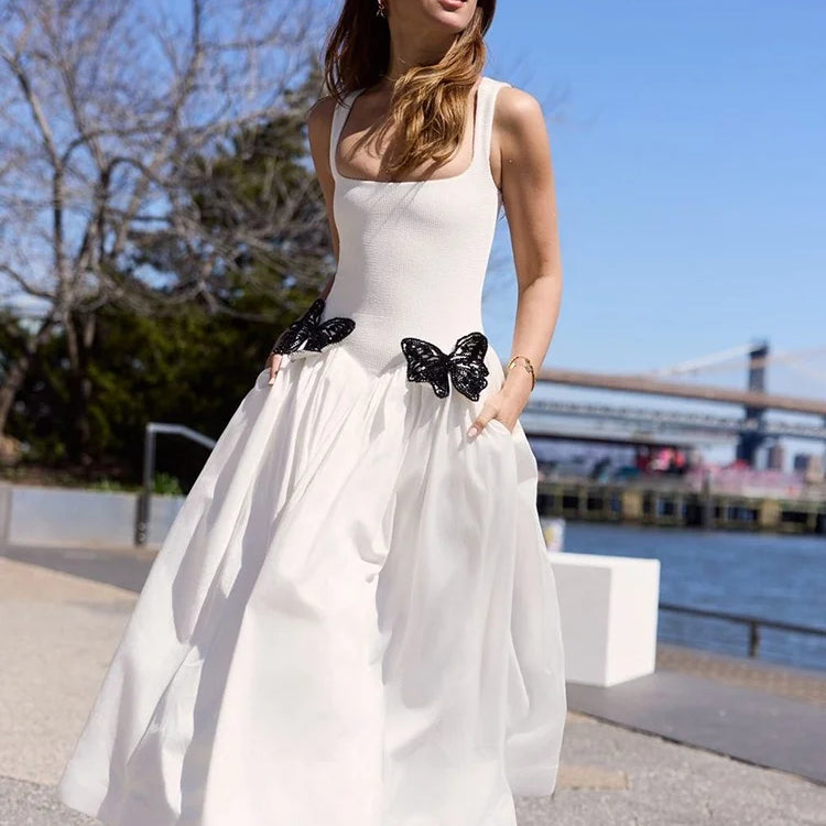 VC Fresh White Spaghetti Sleeveless Square-Neck with Lace Butterfly Details Midi Dress for Garden Party Gown