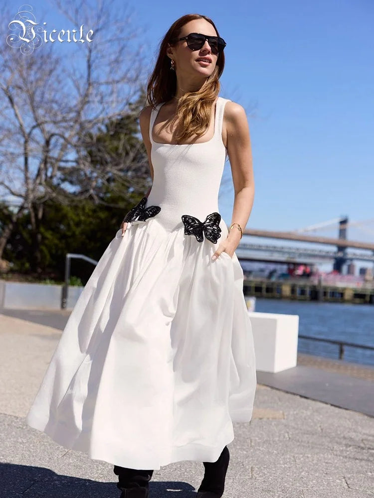 Fresh White Spaghetti Sleeveless Square-Neck with Lace Butterfly Details Midi Dress for Garden Party Gown
