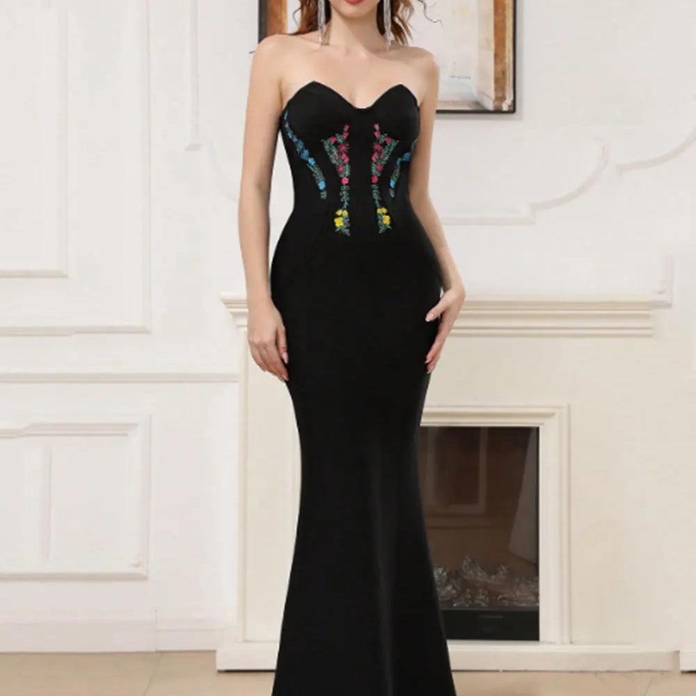 2025 Elegant Women's 3D Decorative Fishtail Bandage Dress Strapless Sleeveless Bodycon Backless Long Dress Dinner Party Vestidos black