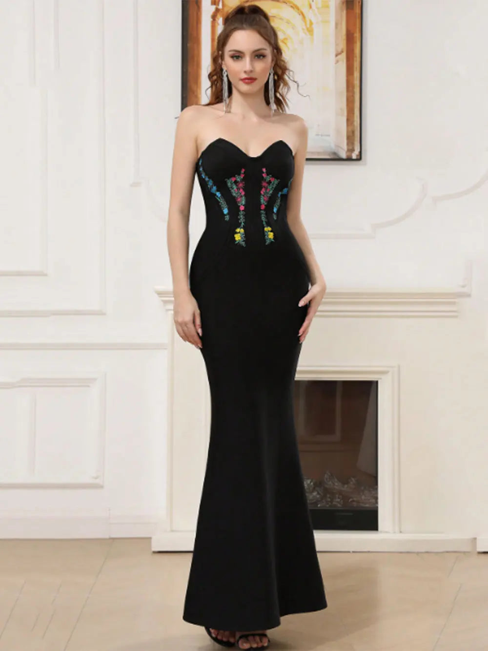 2025 Elegant Women's 3D Decorative Fishtail Bandage Dress Strapless Sleeveless Bodycon Backless Long Dress Dinner Party Vestidos black