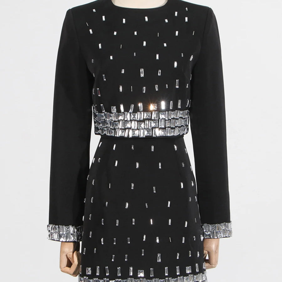 Solid Slimming Spliced Bead Two Piece Sets for Women Round Neck Long Sleeves Short Top High Wasit Skirt Set Female BLACK