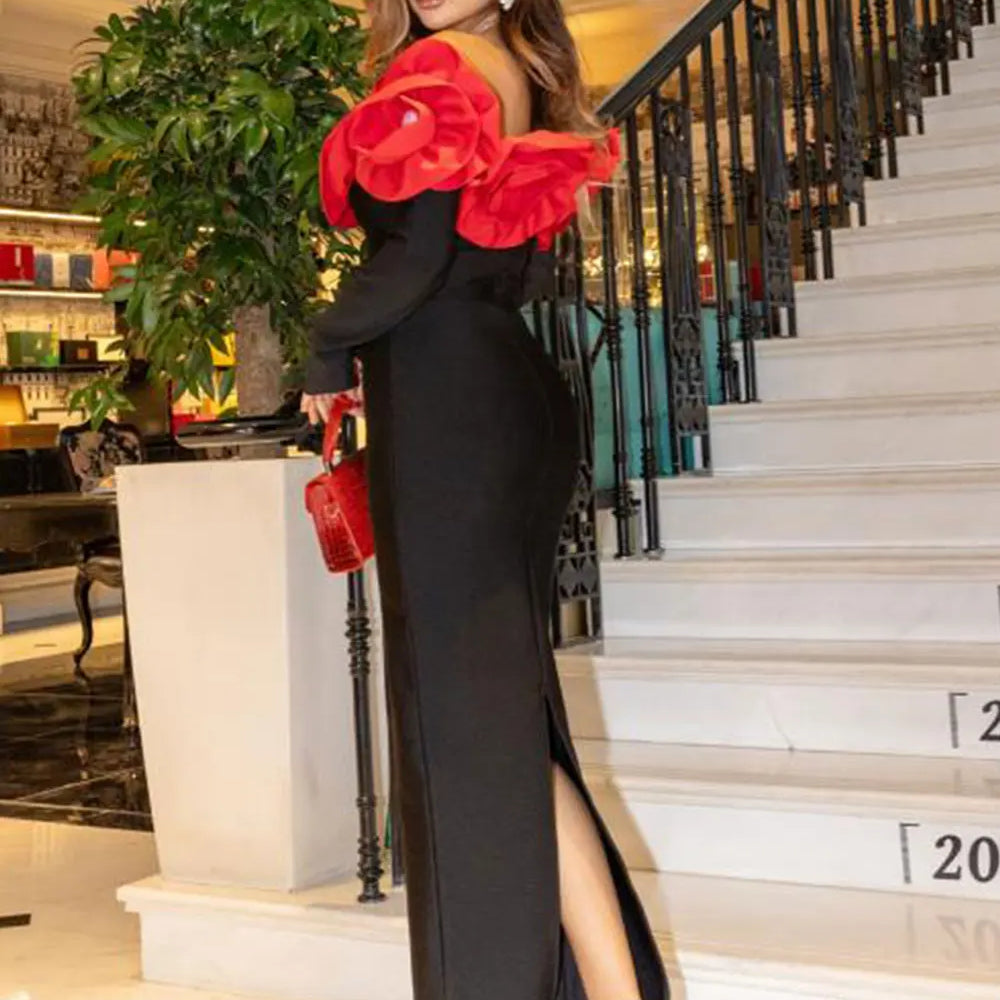 2025 Sexy Women's 3D Red Large Flower Design Bandage Dress with One Collar Card Sleeve Bodycon Long Dress Evening Party Vestidos