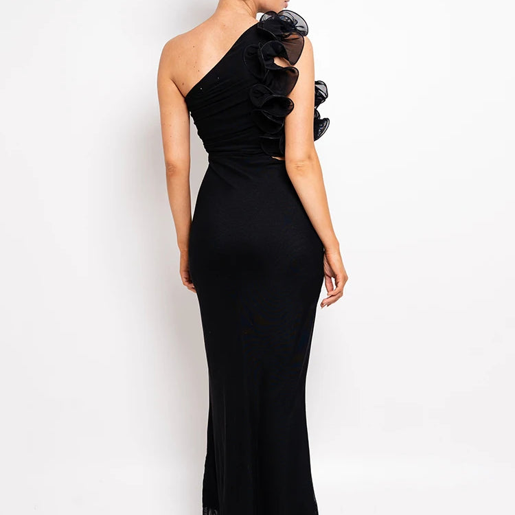 Mozision Shoulder Floral Mesh Ruched Sexy Maxi Dress For Women Gown Oblique Shoulder Sleeveless Backless Bodycon Long Dress