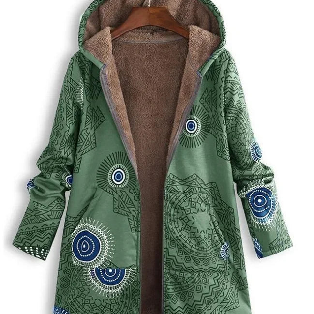 Thickened Zipper Hooded Coat Coat Coat Autumn and Winter New Cotton and Hemp Coat Women's Vintage Warm Printing Pocket green