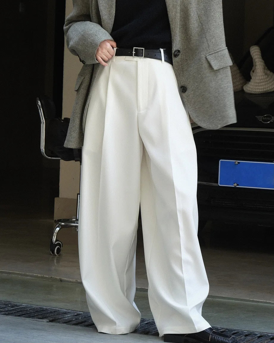 [LANMREM] Korean Style Pleated White Pants For Women High Waist Wide Leg Trousers Casual Loose Clothing Spring New 26D8719 White