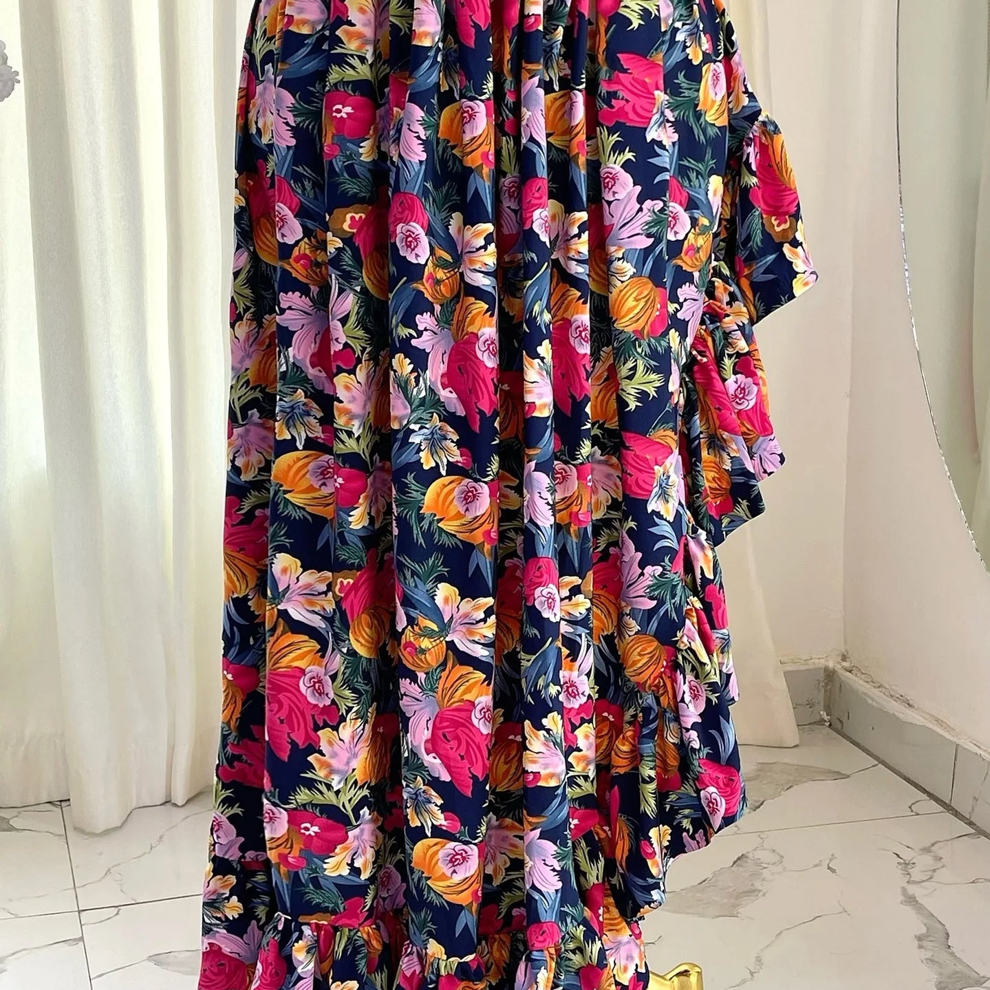 Women Ruffles Strapless Floral Print Long Irregular Dress Holiday Sweet Birthday Evening Sexy Party Dresses Vestidos