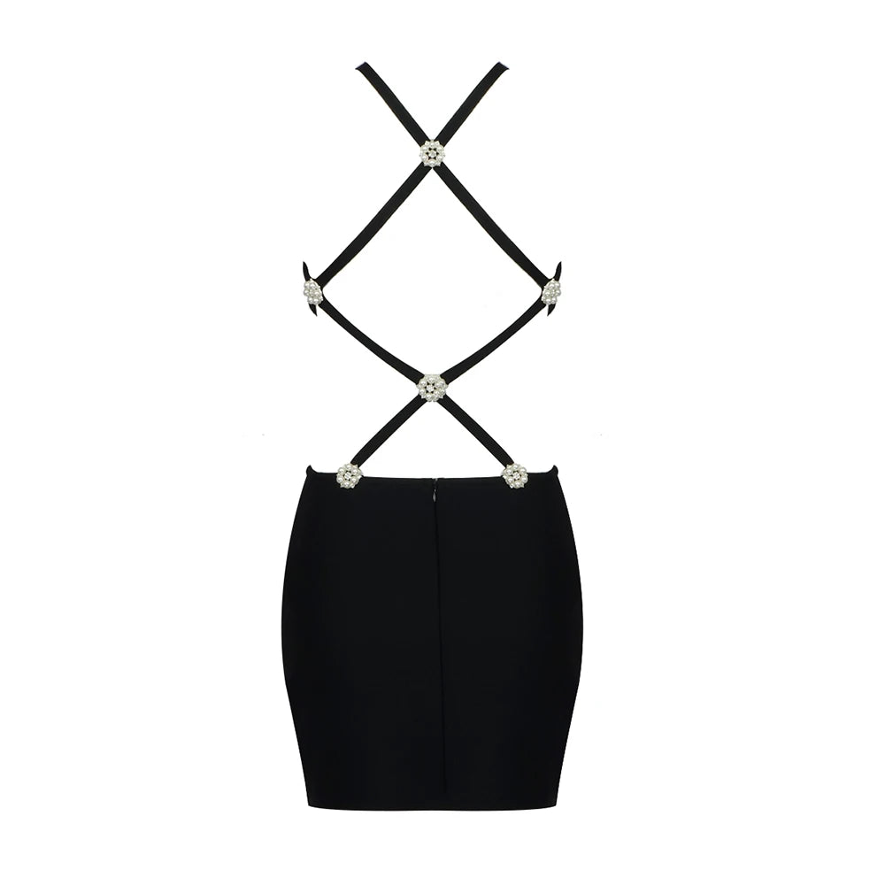 2023 New Summer Women Sexy Backless Beading Line Bodycon Mini Dress Rayon Bandage Fashion Nightclub Party Dress Wholesale black